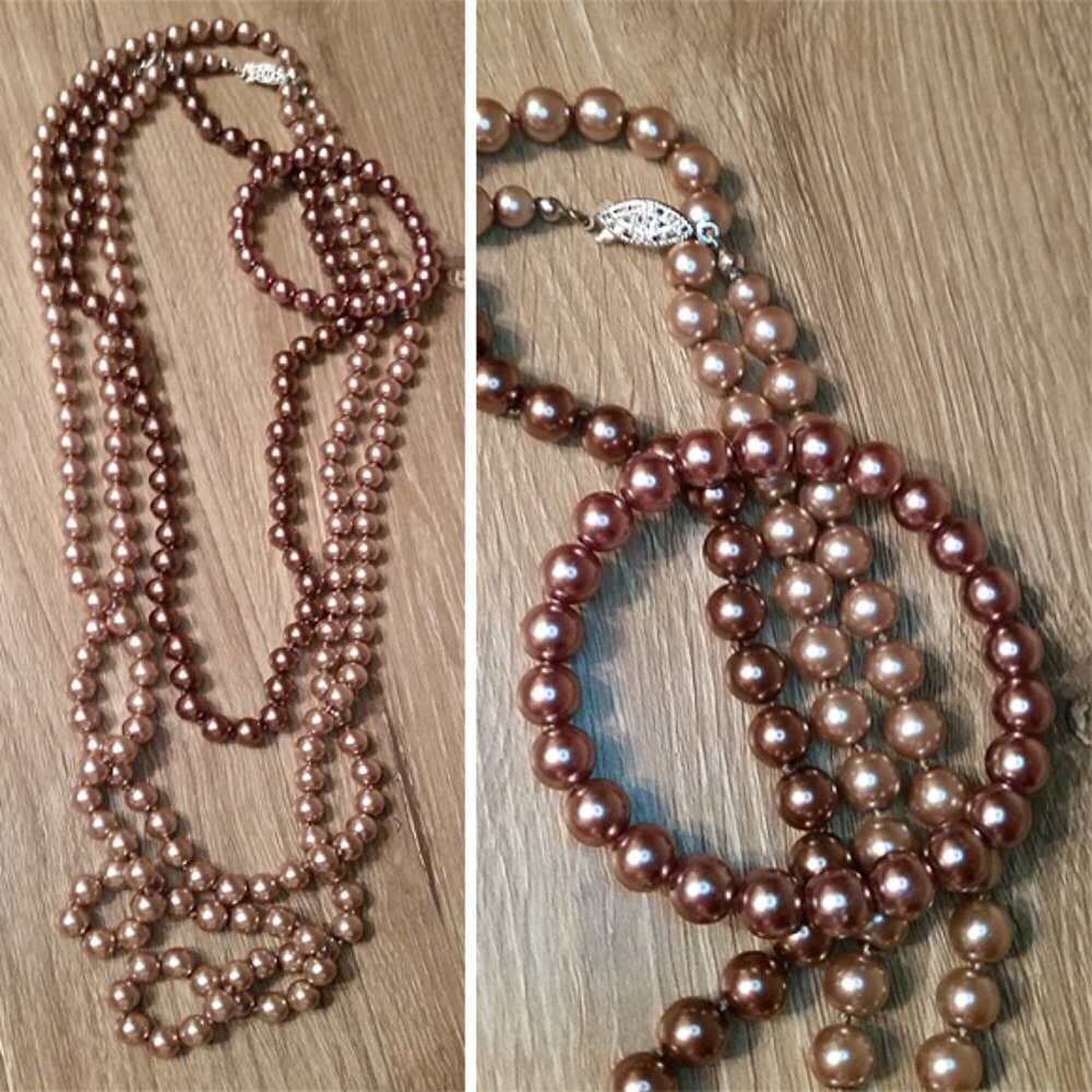 Tan Color Faux Pearl necklaces + bracelet jewelry set
